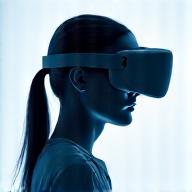 A user wearing a sleek VR headset interacting with virtual elements projected into a real-world setting, depicting AR/VR web integration.