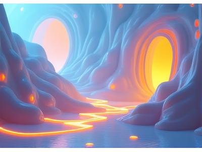 A surreal 3D environment composed of abstract shapes and symbols, subtly conveying a brand narrative through immersive storytelling.