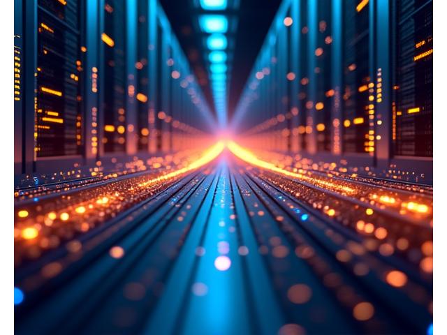 A vibrant abstract representation of data flowing quickly, with network lines and glowing nodes, symbolizing optimized 3D web performance.