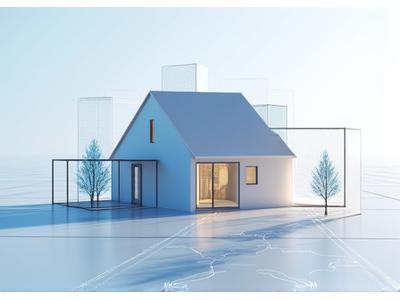 A modern real estate sign in a futuristic virtual neighborhood, representing virtual property tours reducing physical showings.