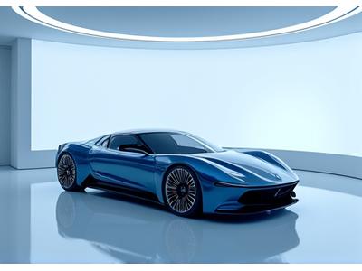 A sleek virtual showroom displaying a high-end luxury car in a futuristic setting, demonstrating interactive 3D product showcases.