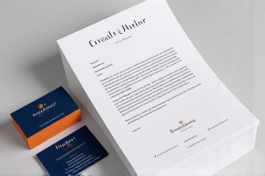 Professional business cards, letterhead, and envelopes showcasing consistent branding elements like logos, color palettes, and typography.