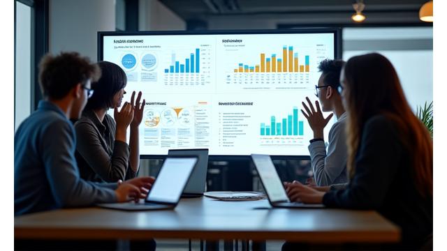 A team collaborating, surrounded by whiteboard full of market research data, charts, and sticky notes, symbolizing brand discovery and strategic planning.