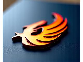 Logo for 'Phoenix Flame Grill', a modern stylized phoenix icon with warm gradients, applied on a menu board.