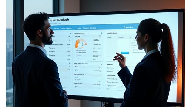 Business professionals interacting with a B2B e-commerce platform on a large screen, showing streamlined order processes and data analytics.