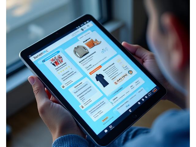 Illustration of various e-commerce conversion optimization features like simplified checkout flow, abandoned cart recovery email, product recommendation engine, and customer reviews integrated into a single user interface on a tablet screen.