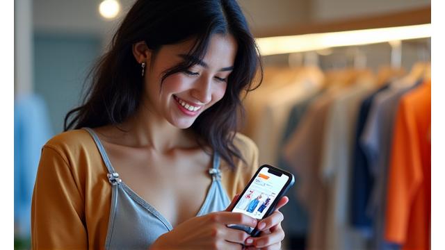 A stylish young woman browsing clothing on a mobile e-commerce store with a happy expression.