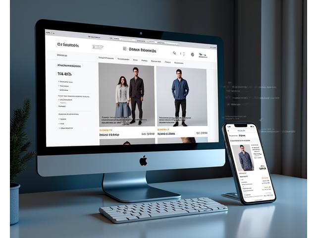 Interactive preview of a modern e-commerce store with products, shopping cart, and checkout flow visible, displayed on a sleek desktop and mobile device with conversion rate statistics overlays. It shows a fashion boutique with diverse product range.