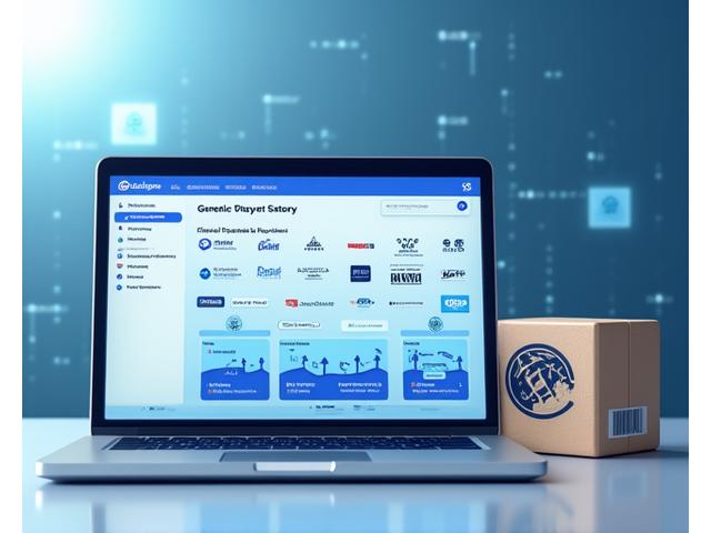 A secure online payment gateway interface displayed on a laptop, with various payment icons like Visa, Mastercard, PayPal, and a shipping box icon next to it, symbolizing flexible logistics. The image has a clean, professional feel with subtle data flow lines in the background.