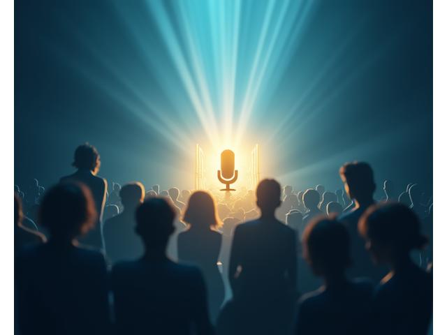 A diverse group of people engaged and touched by a compelling visual story, represented by light rays connecting them.