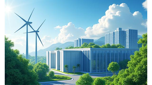 Illustration of a data center powered by renewable energy sources like wind turbines and solar panels.