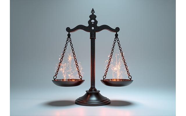 A finely balanced scale superimposed with gears and digital code, representing equilibrium and structured problem-solving