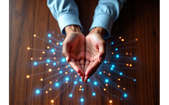 Two hands shaking over a table with digital interface elements, symbolizing agreement and partnership