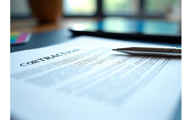 A detailed contract document with a pen, surrounded by abstract digital design tools, emphasizing thorough project planning