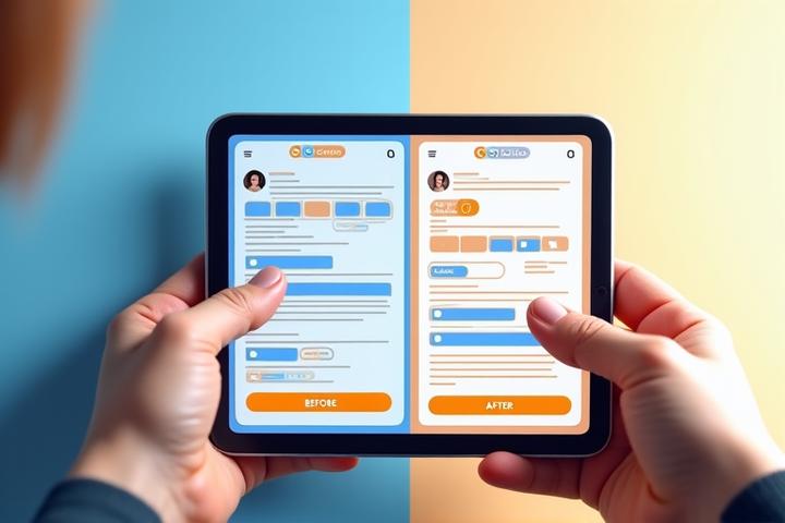 Interactive UI/UX design demo showing before and after states of a user journey on a mobile and desktop screen